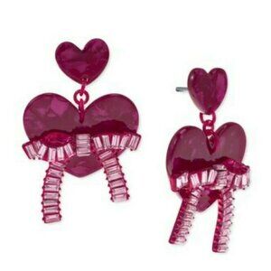 Fuchsia Pink Baguette Stone Bow Heart Drop Earrings 2 Inches